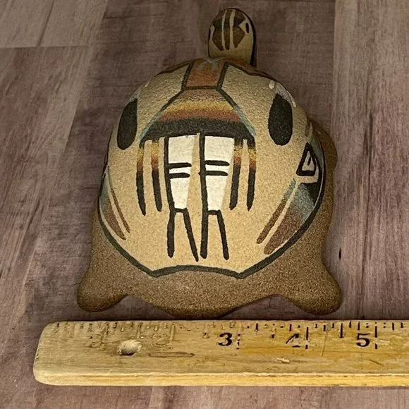 Vtg 80s Native Sand Art Painting Turtle Tortoise w Yei Figure Southwest 6” L - Picture 15 of 16